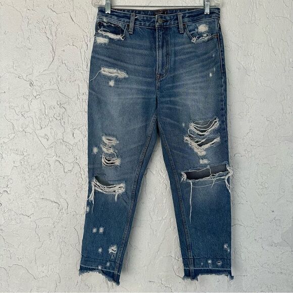 ABERCROMBIE Annie High Rise Girlfriend Distressed Jeans Womens 29 Frayed Hem - Picture 2 of 11